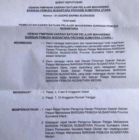 Habib Ghofar Dipecat dari Pengurus Sapma Bapera Medan