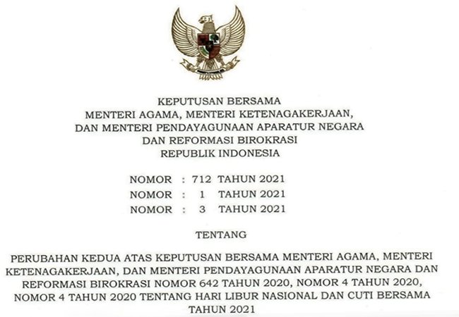 Inilah Perubahan Hari Libur Nasional dan Cuti Bersama  2021