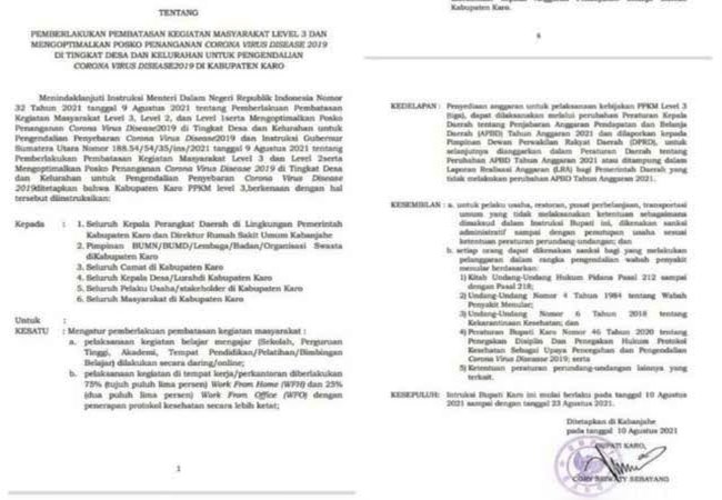 Bupati Karo Keluarkan 9 Poin PPKM Level 3
