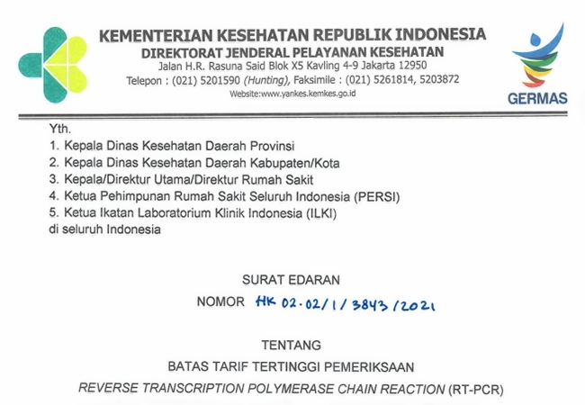 Tarif RT-PCR Rp275 Ribu di Jawa-Bali dan Rp300 Ribu di Daerah Lainnya