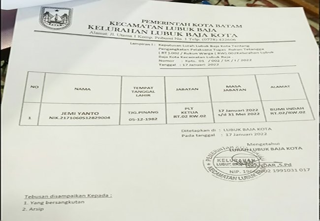 Diduga Pengangkatan Plt RT 02 RW 02 Oleh Lurah Lubuk Baja Kota Langgar Perwal