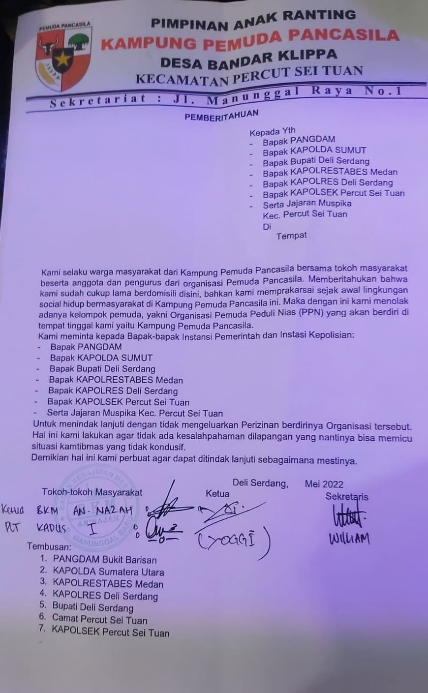 Kelompok Pemuda Pancasila Tolak Keberadaan PPN di Desa Bandar Klippa