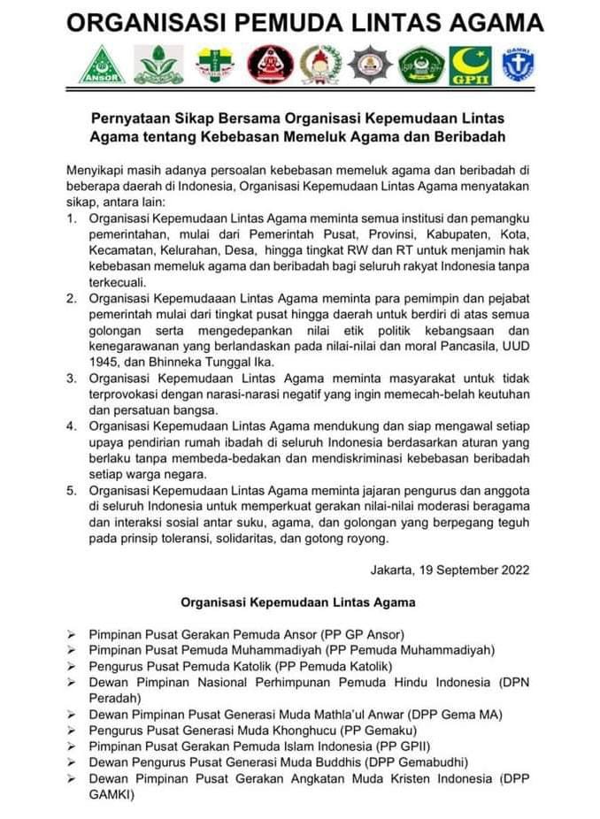 Pernyataan Sikap Organisasi Kepemudaan Lintas Agama Bebas Memeluk Agama dan Beribadah