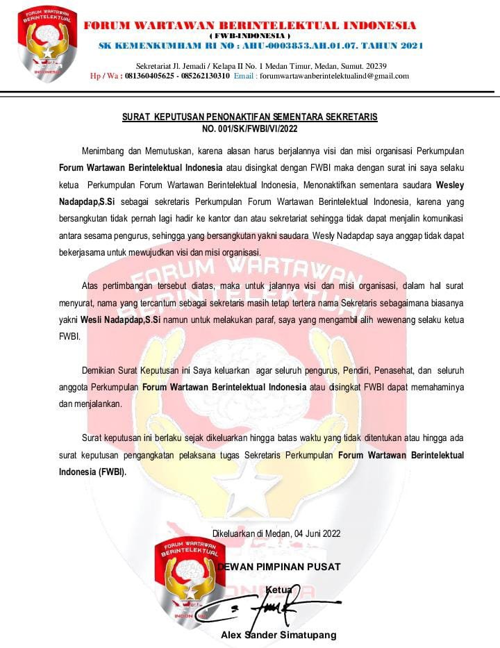 Ternyata Jabatan Sekretaris FWBI Sudah Dinonaktifkan Sejak 4 Bulan Lalu