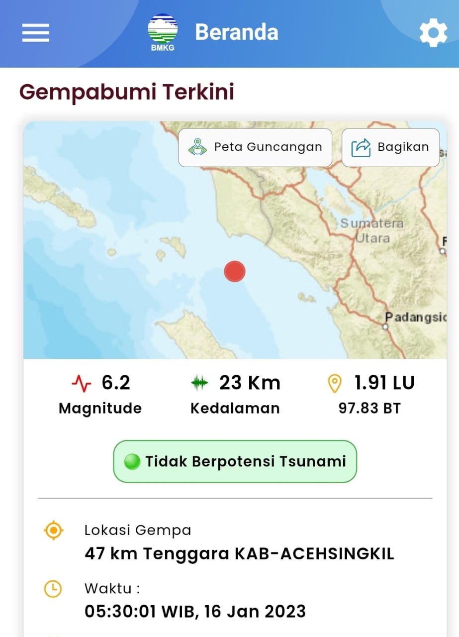 Gempa M 6,2 SK Di Aceh Singkil, Guncang Padang Sidempuan