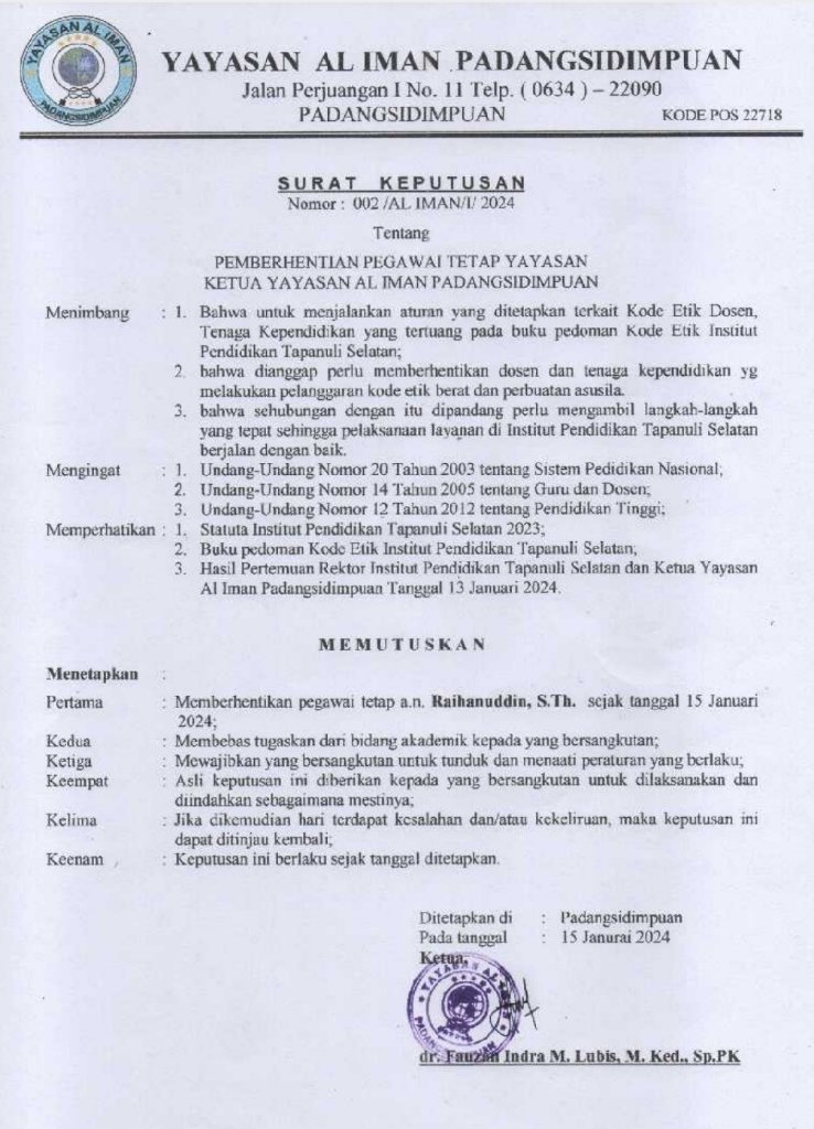 Staf IPTS Cabuli Anak Langsung Dipecat Ketua Yayasan Al-Iman P.Sidimpuan