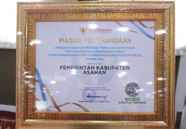 Pemkab  Asahan Raih Peringkat Tertinggi Keempat Kepatuhan Pelayanan Publik Dari Ombudsman RI