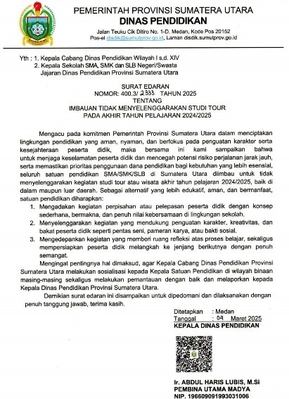 Disdik Sumut Larang Study Tour Akhir Tahun, Sekolah Bisa Kena Sanksi