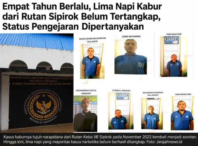 Empat Tahun Berlalu, Lima Napi Kabur dari Rutan Sipirok Belum Tertangkap, Status Pengejaran Dipertanyakan